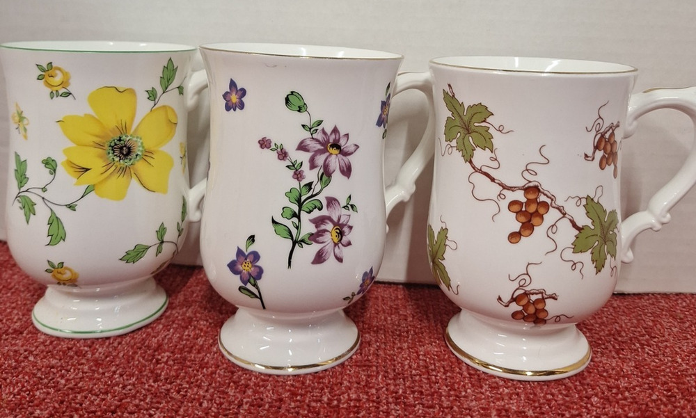 3 Vintage Royal Victoria Fine Bone China Pedestal Mugs Floral, Grape England